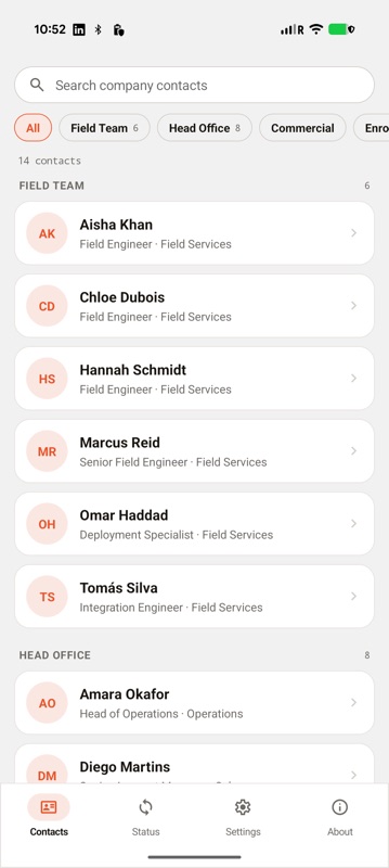 A CAG-built contacts app on a Pixel showing a searchable company directory grouped into Field Team and Head Office sections, each contact with a coloured monogram avatar, name and job title.