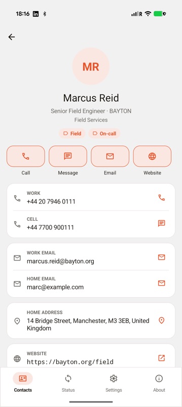 A CAG-built contacts app showing the full record for Marcus Reid, senior field engineer, with work and mobile numbers, work and home email, a Manchester address, website, and category chips.