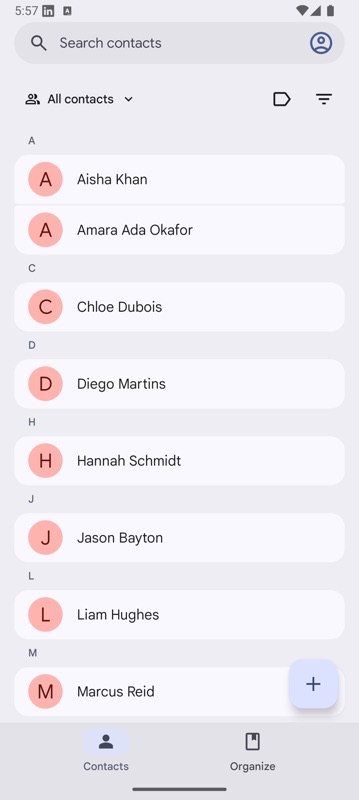 The Android system contacts app listing the same people - Aisha Khan, Amara Okafor, Chloe Dubois and others - synced in from the CAG app under a managed account.