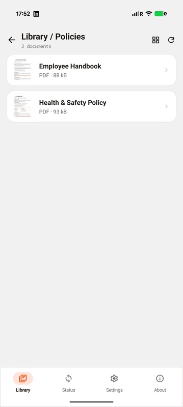A DAG-built document app showing the Policies folder open with two PDF documents, Employee Handbook and Health and Safety Policy, each with a page-preview thumbnail and a PDF file-size label.
