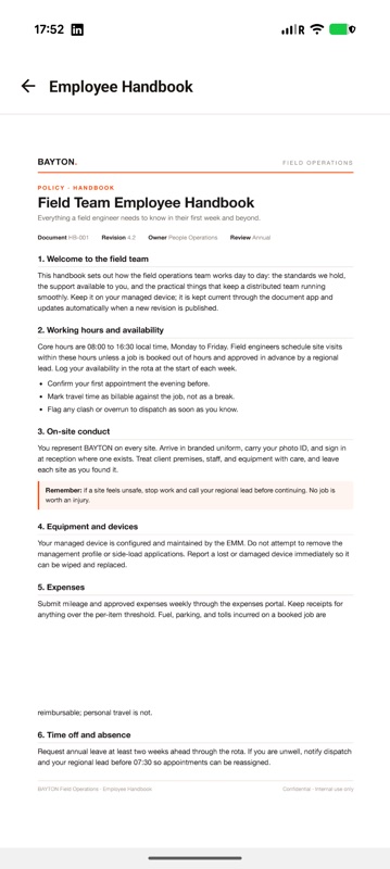 A DAG-built document app rendering the Field Team Employee Handbook PDF in its in-app viewer, showing the BAYTON letterhead and the document's numbered sections.