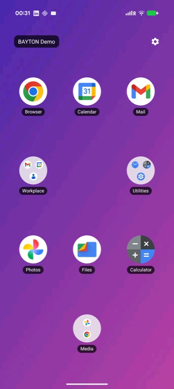A KAG-built kiosk with a purple gradient wallpaper, BAYTON Demo banner, and a 4 by 3 grid mixing app tiles with three coloured folders.