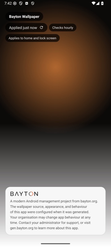 A PAG-built wallpaper app on an Android device showing its status screen over a warm amber wallpaper: the app name Bayton Wallpaper, an Applied just now chip, Checks hourly, Applies to home and lock screen, and a BAYTON about card.