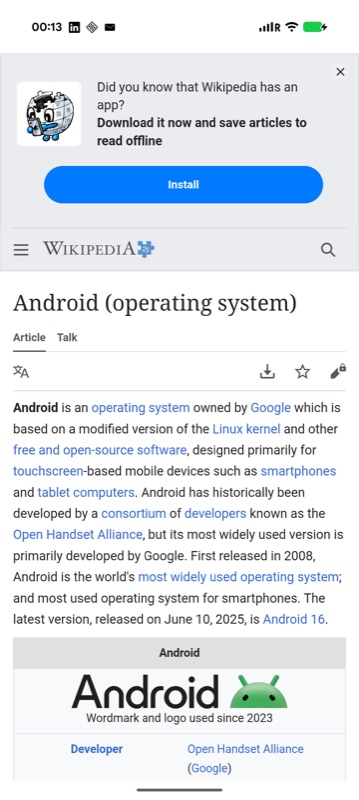 A WAG-built web app wrapping a Wikipedia article in standalone display mode, rendering as a native-feeling app with no URL chrome.